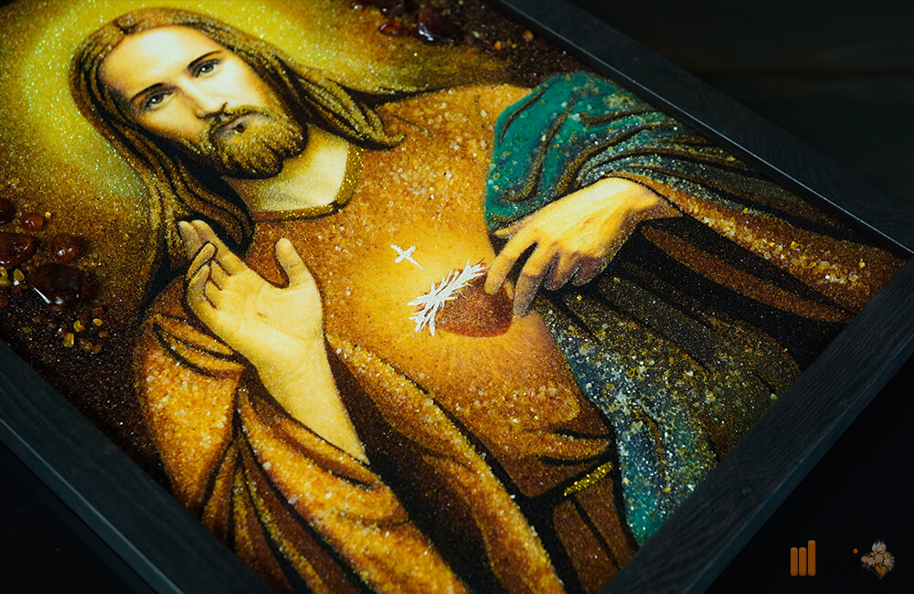 Bernsteinbild – Segnender Jesus im schwarzen Rahmen (1)