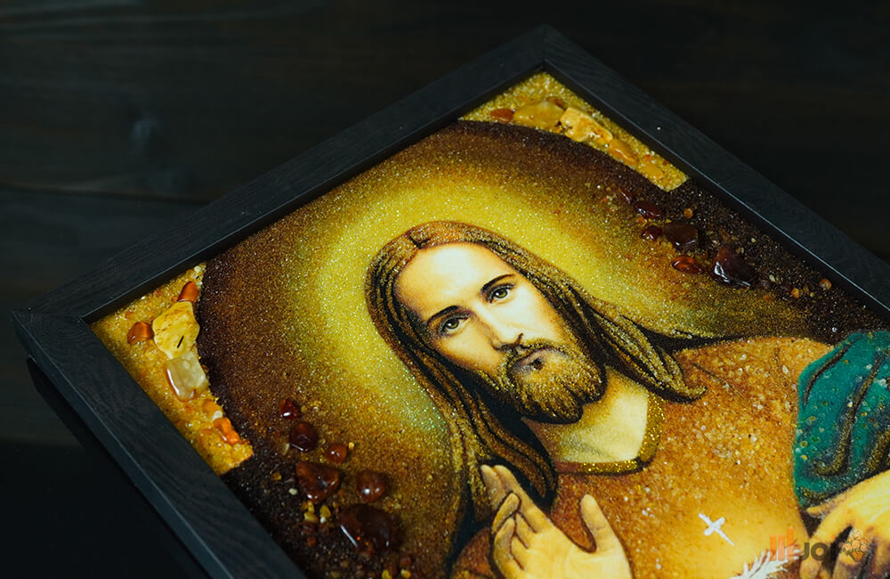 Bernsteinbild – Segnender Jesus im schwarzen Rahmen (12)