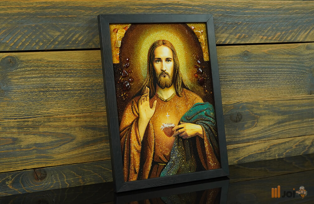 Bernsteinbild – Segnender Jesus im schwarzen Rahmen (5)