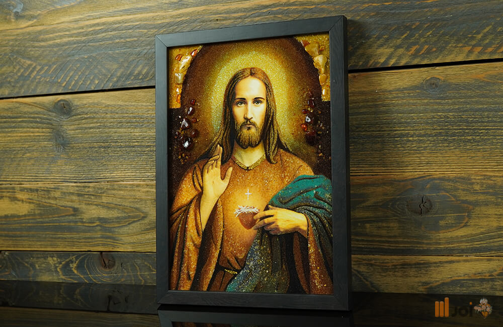 Bernsteinbild – Segnender Jesus im schwarzen Rahmen (6)