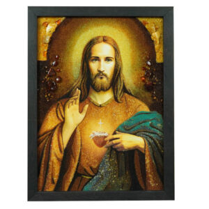 Bernsteinbild – Segnender Jesus im schwarzen Rahmen